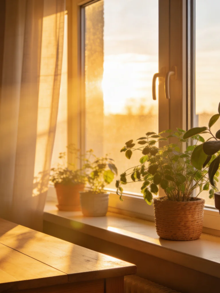 Potted plants on a windowsill in warm golden-hour light