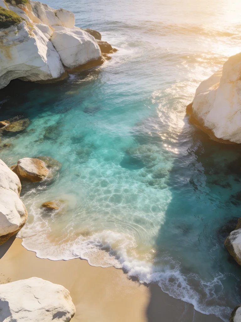A calm turquoise cove sheltered by pale rocks in soft morning light
