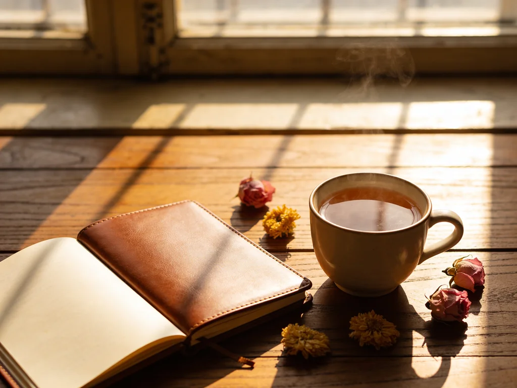An open journal and a steaming cup of tea on a sunlit wooden table